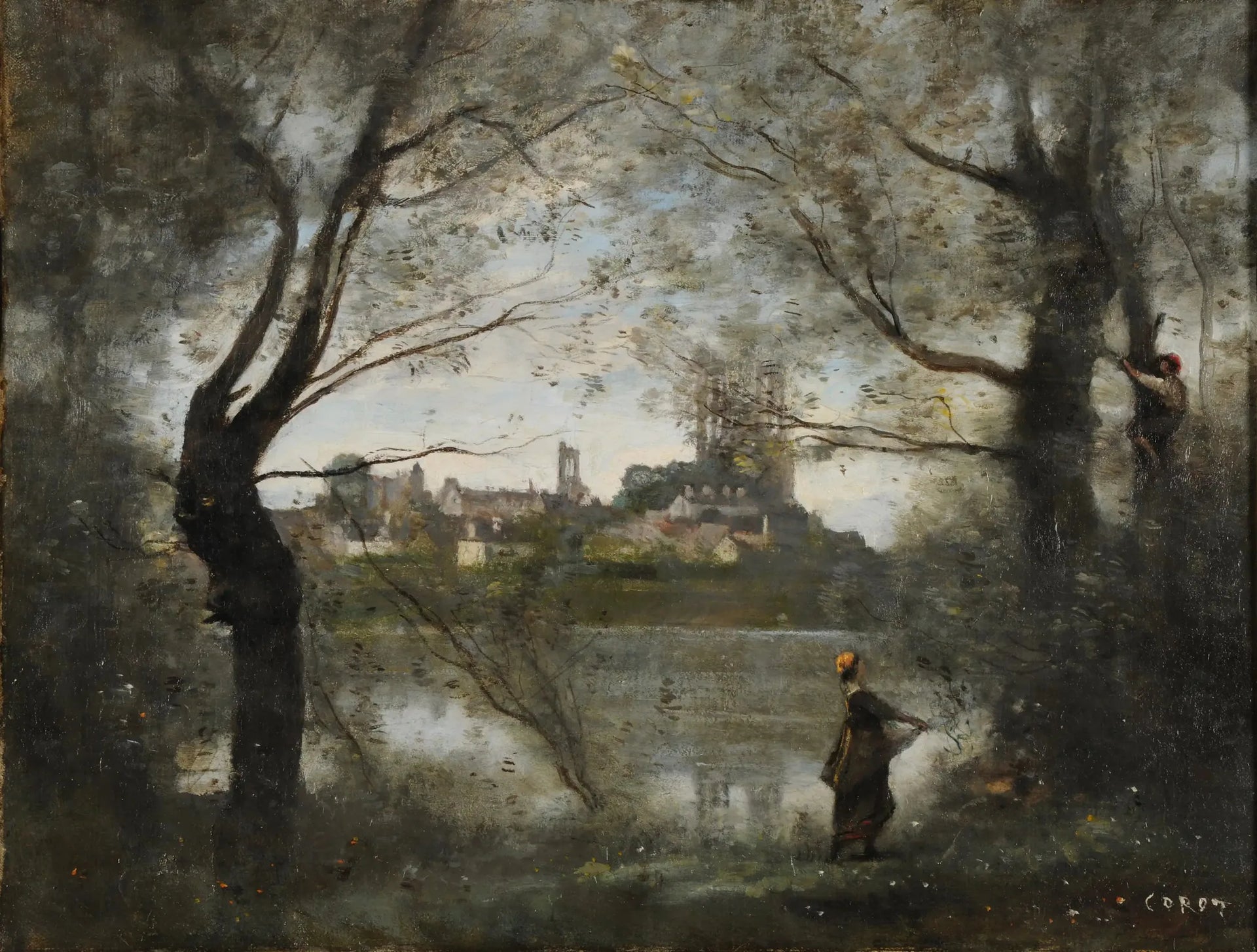 Mantes, la Cathédrale et la Ville vues à travers les arbres, le soir - Jean-Baptiste Camille Corot image 1 reproduction de peinture à l’huile