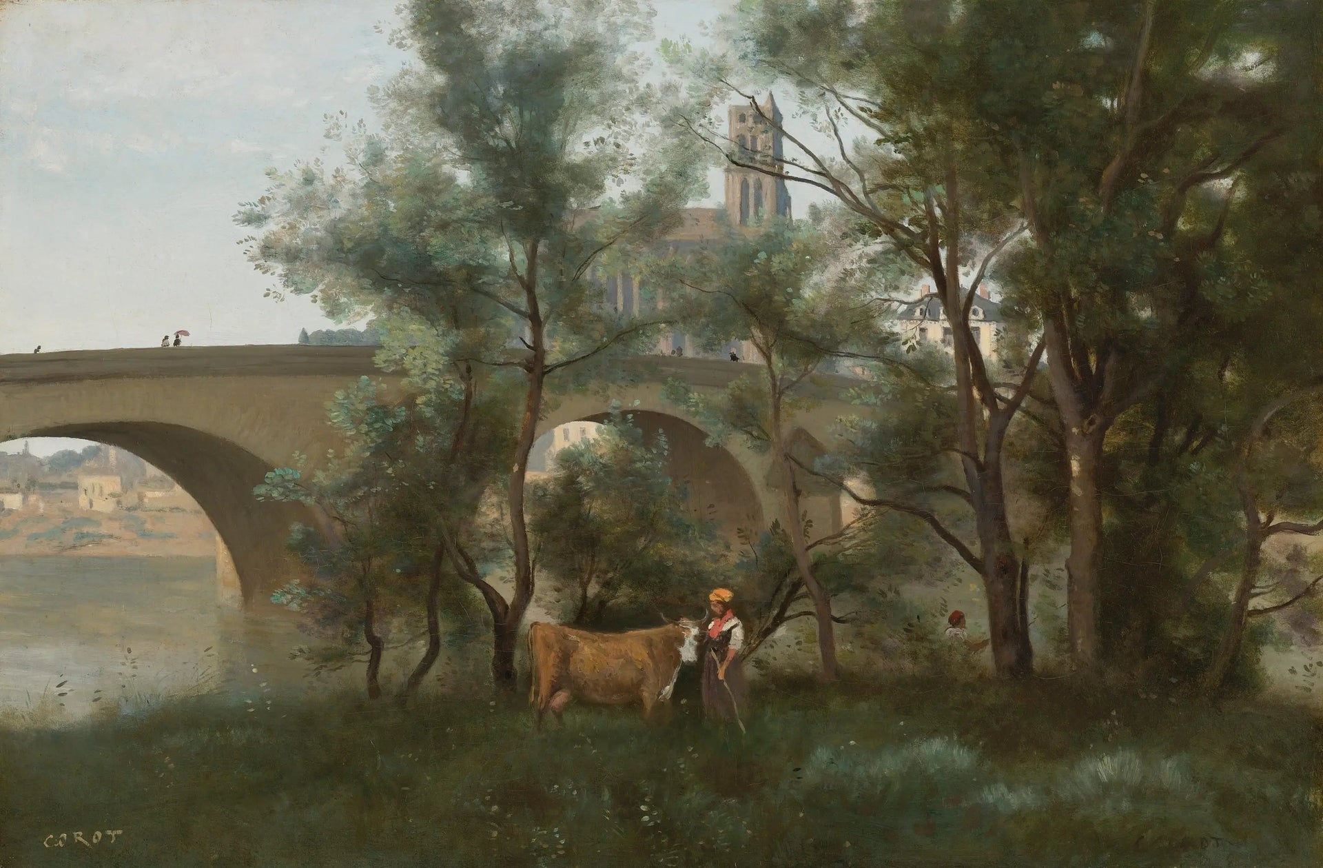 Mantes, les bords de la Seine au pied du pont - Jean-Baptiste Camille Corot image 1 copie peinte à la main à l’huile