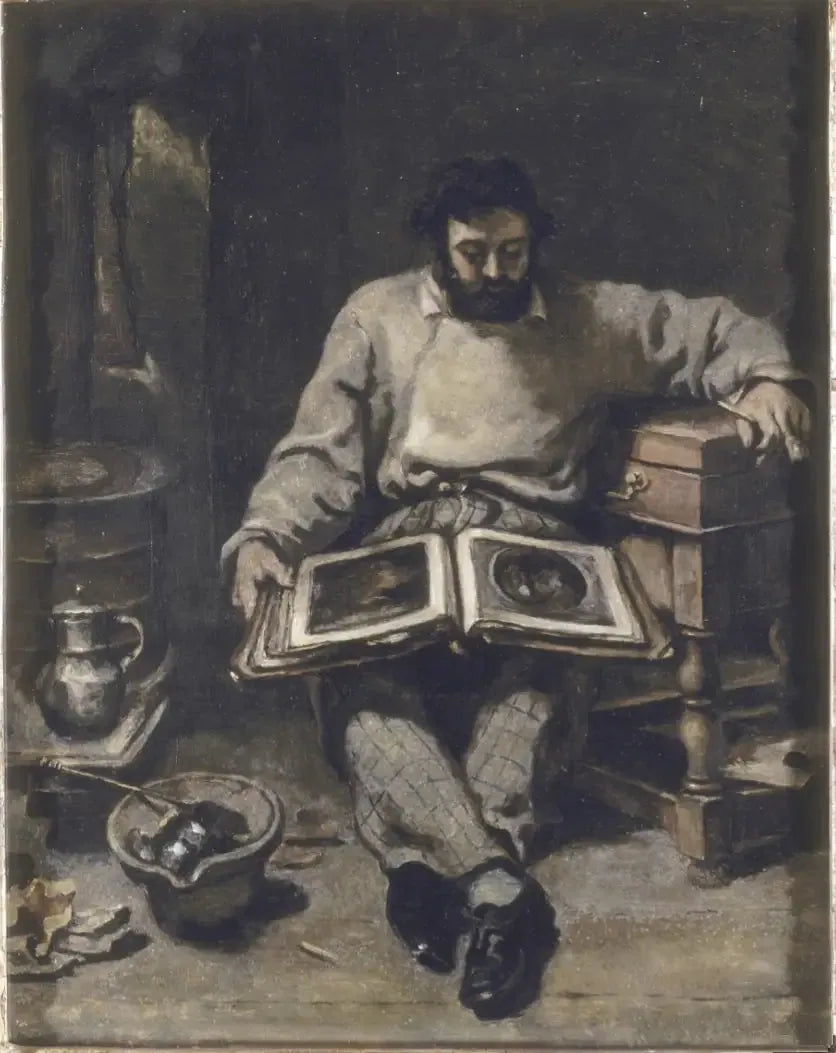Marc Trapadoux examinant un livre d'estampes - Gustave Courbet image 1 copie de tableau peinte à la main