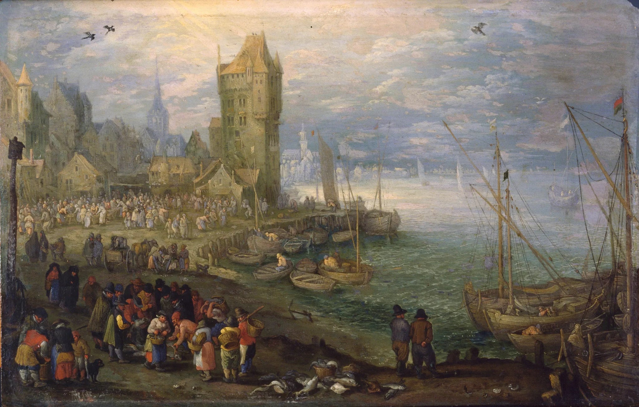 Marché aux poissons près d'un port - Jan Brueghel l'Ancien image 1 copie de tableau peinte à la main