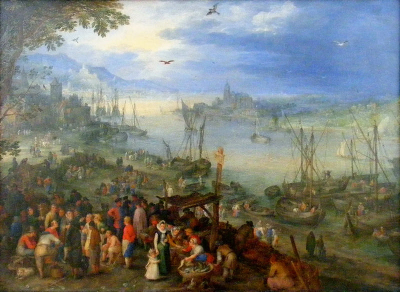 Marché de poissons sur les rives d'une rivière - Jan Brueghel l'Ancien