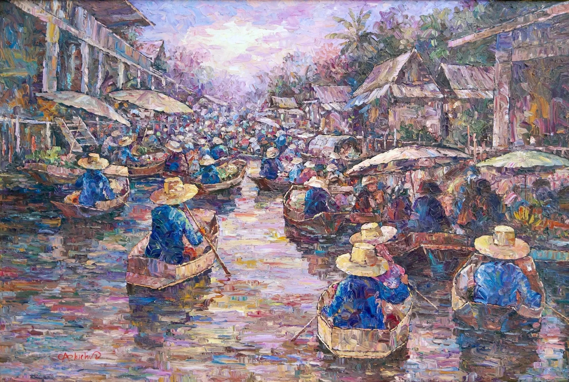 Marché flottant | 145 x 105 cm image 1 copie peinte à la main à l’huile