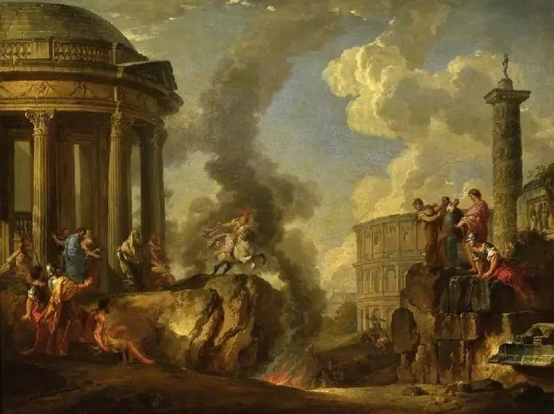 Marcus Curtius sautant dans le golfe - Giovanni Paolo Panini image 1 reproduction de peinture à l’huile