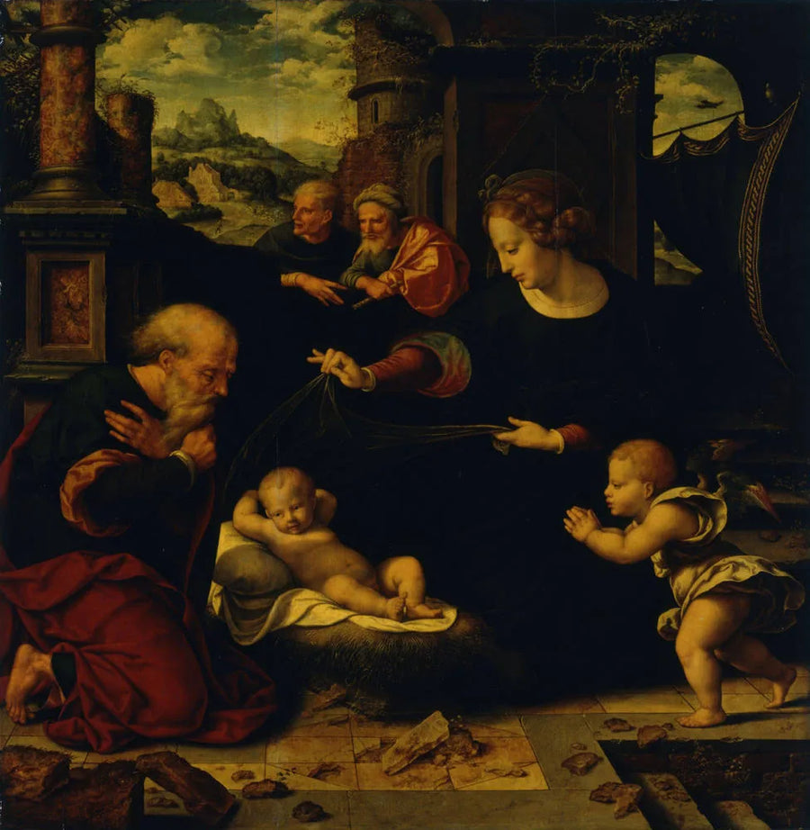 Maria und Joseph, vor dem Kind kniend - Joos van Cleve