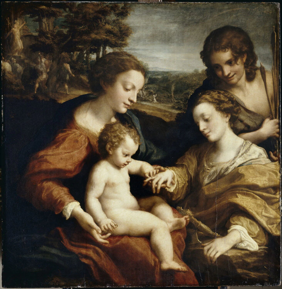 Le Mariage mystique de sainte Catherine d'Alexandrie en présence de saint Sébastien ; dans le paysage, martyres de deux saints - Il Correggio Corrège