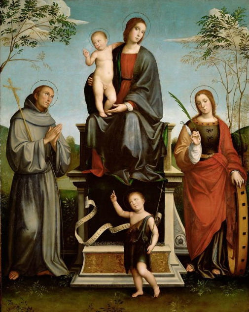 Marie à l'Enfant, saint François, sainte Catherine et le jeune saint Jean-Baptiste - Francesco Francia image 1 reproduction artisanale de tableau