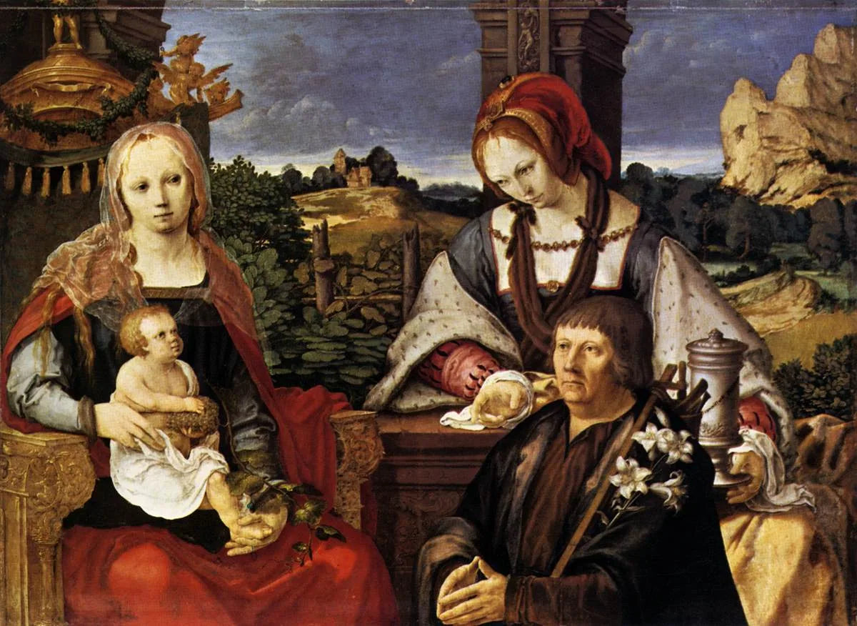 Marie à l'Enfant, Sainte Marie-Madeleine et fondatrice (à l'extérieur, Inv. n° 7713) - Lucas van Leyden image 1 copie peinte à la main à l’huile