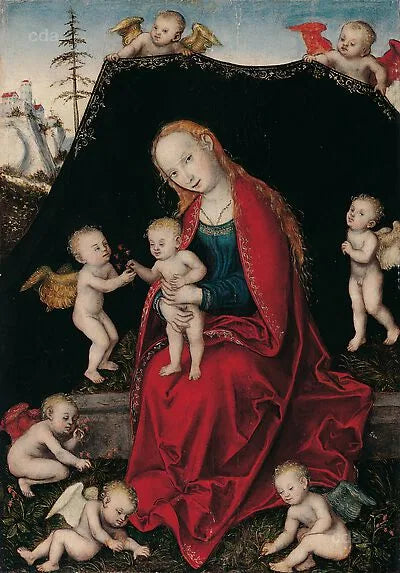 Marie avec l'enfant entourée d'anges - Lucas Cranach the Elder image 1 tableau peint à l’huile sur toile