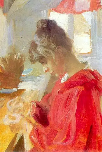 Marie est assise à une table en train de coudre - Peder Severin Krøyer image 1 reproduction artisanale de tableau