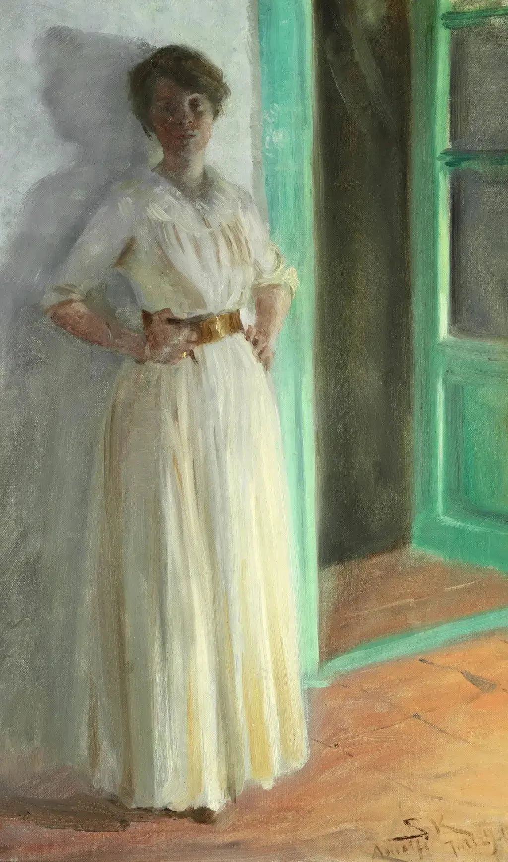 Marie Krøyer. Portrait en pied. Soirée à la lueur des lampadaires sur la terrasse. - Peder Severin Krøyer image 1 copie de tableau peinte à la main