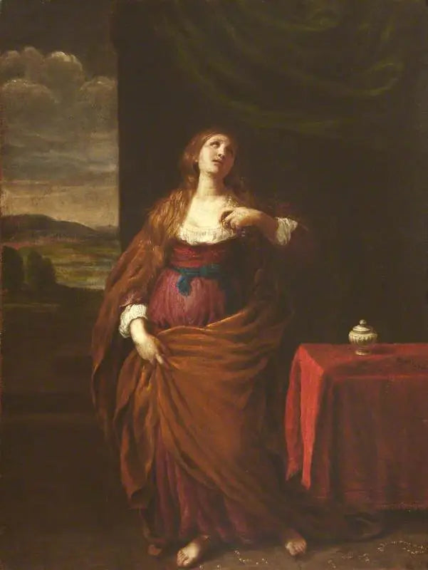 Marie-Madeleine debout de tout son long avec vue sur un vaste paysage au-delà - Guido Reni