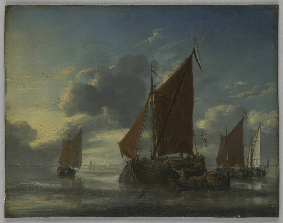 Marine. Barque accostant un gros voilier - Reinier Nooms