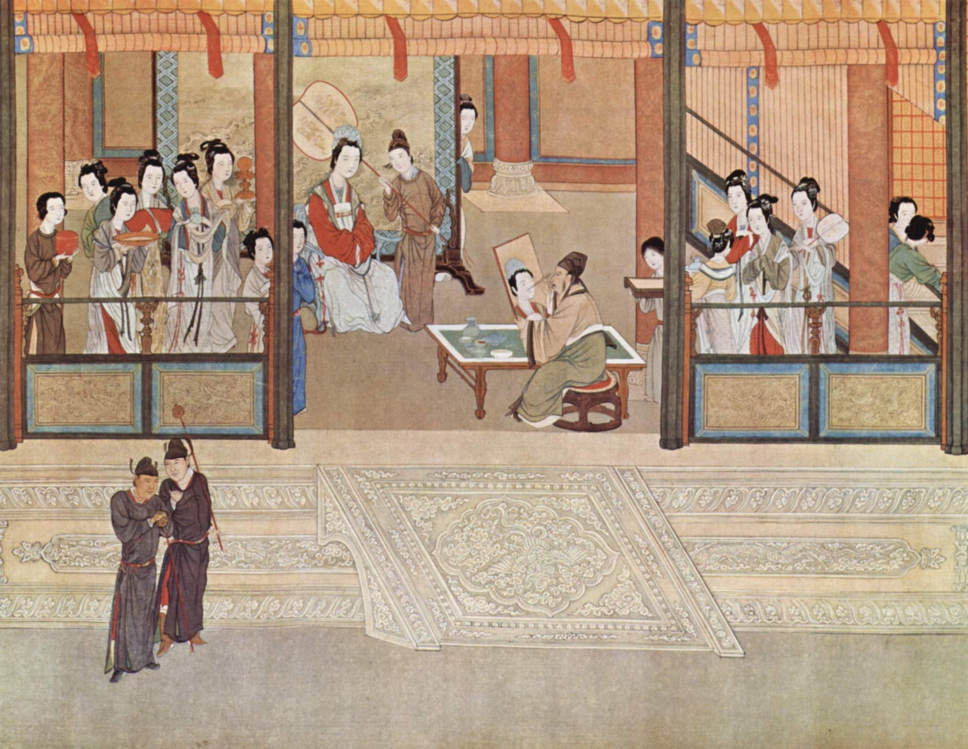 Matin de printemps au palais des Han - Qiu Ying, détail du rouleau