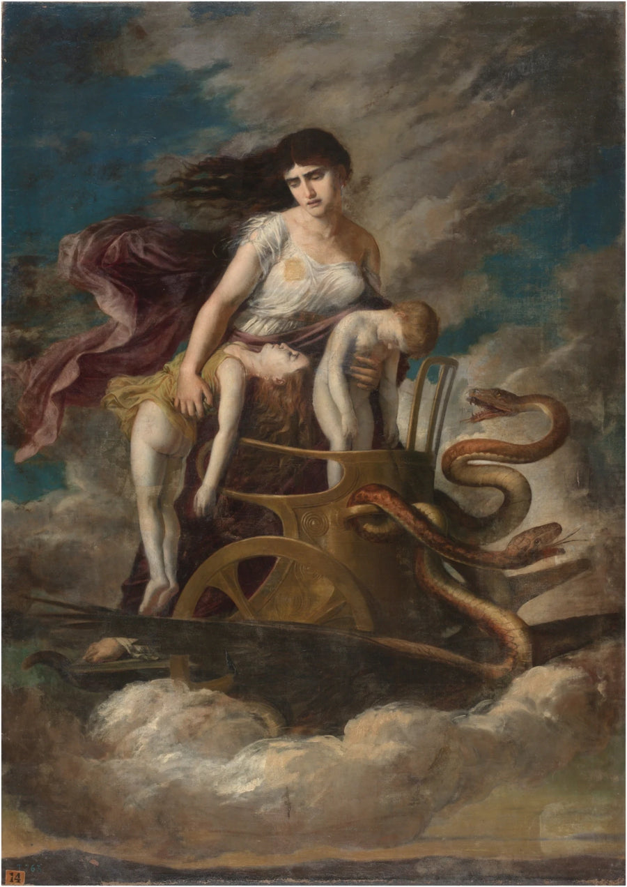 Médée et ses enfants morts s'enfuient de Corinthe sur un char tiré par des dragons. - Germán Hernández Amores