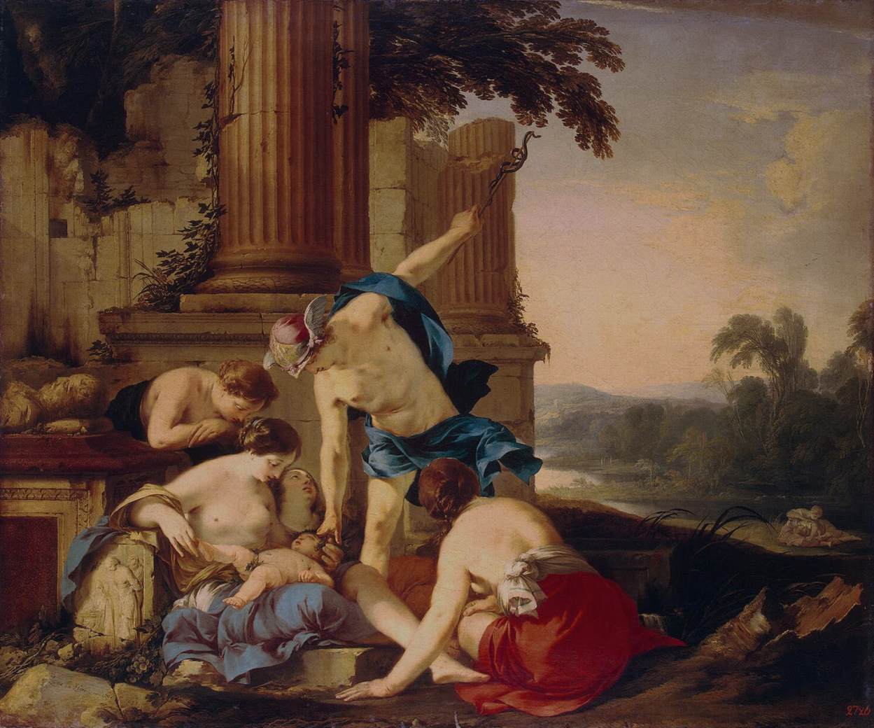 Mercure emmène Bacchus pour qu'il soit élevé par des nymphes - Laurent de La Hyre image 1 reproduction artisanale de tableau