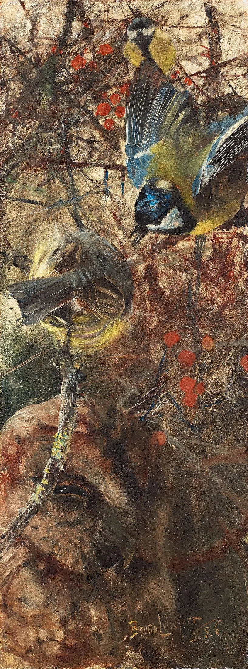 Mésanges charbonnières et chouette - Bruno Liljefors