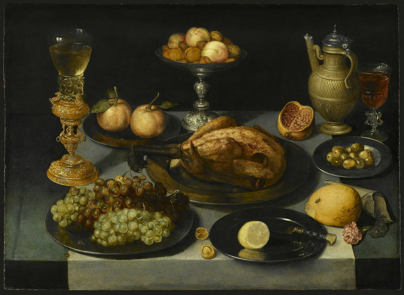 Mets, fruits et verre sur une table - Peter Binoit