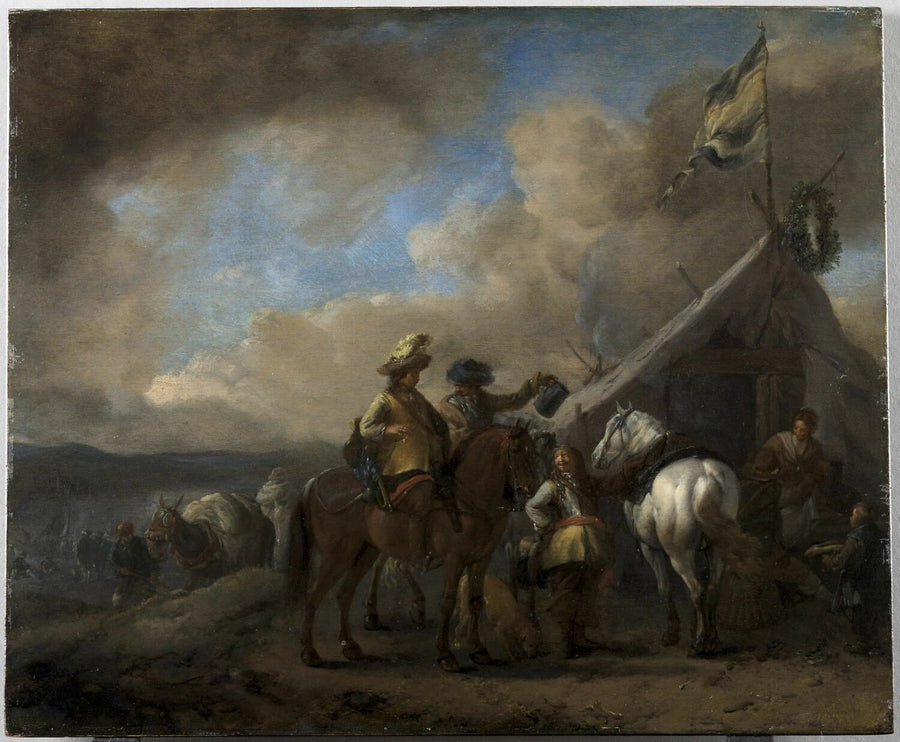 Militaires à cheval faisant halte devant la tente-auberge d'une cantinière - Philips Wouwerman