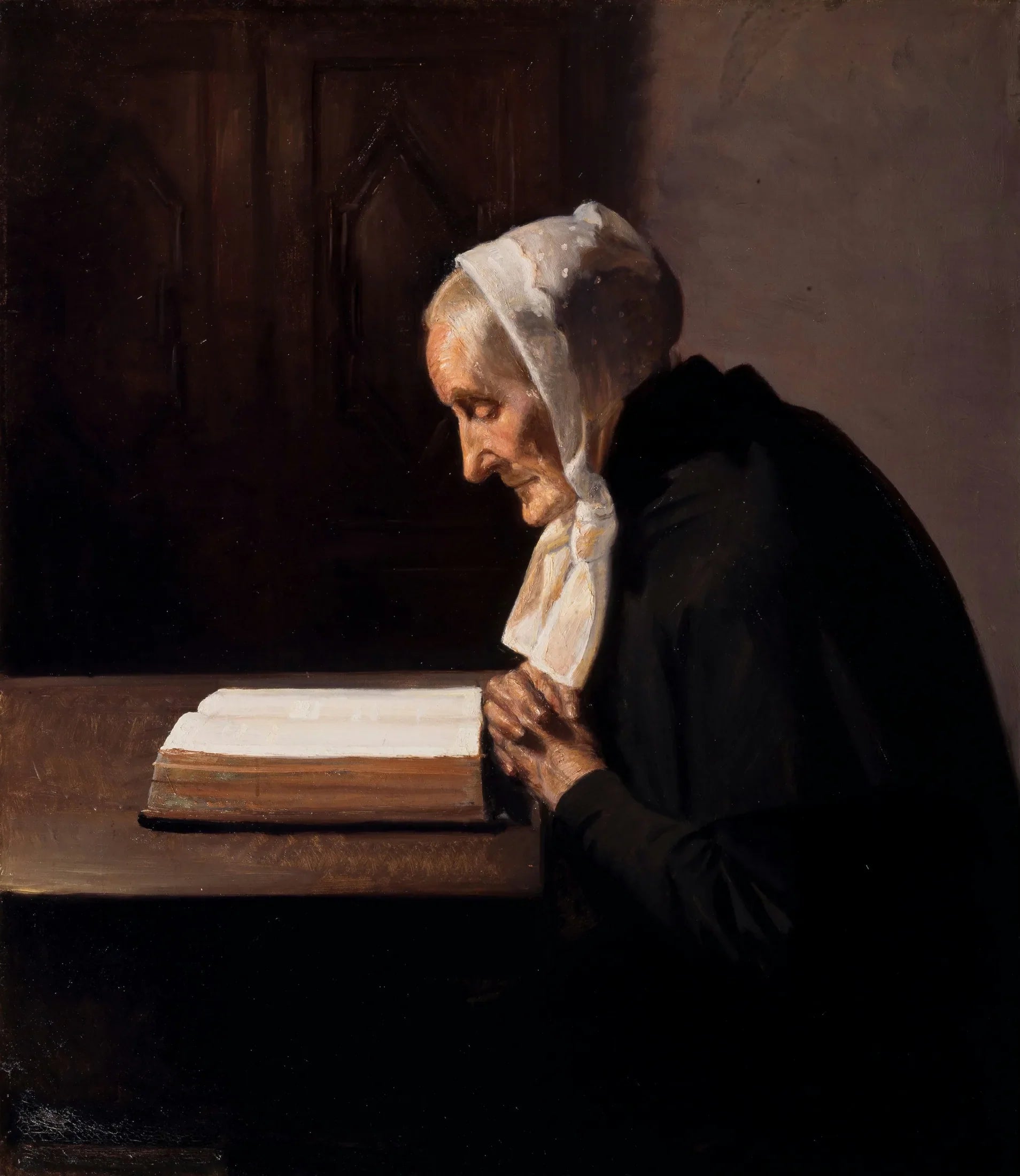Mme Brøndum lisant la Bible. - Michael Peter Ancher image 1 copie peinte à la main à l’huile