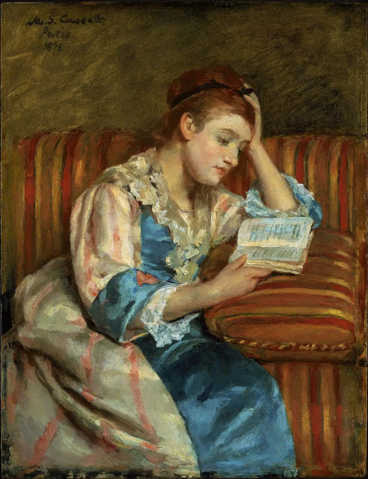 Mme Duffee assise sur un canapé rayé, en train de lire - Mary Cassatt image 1 copie de tableau peinte à la main
