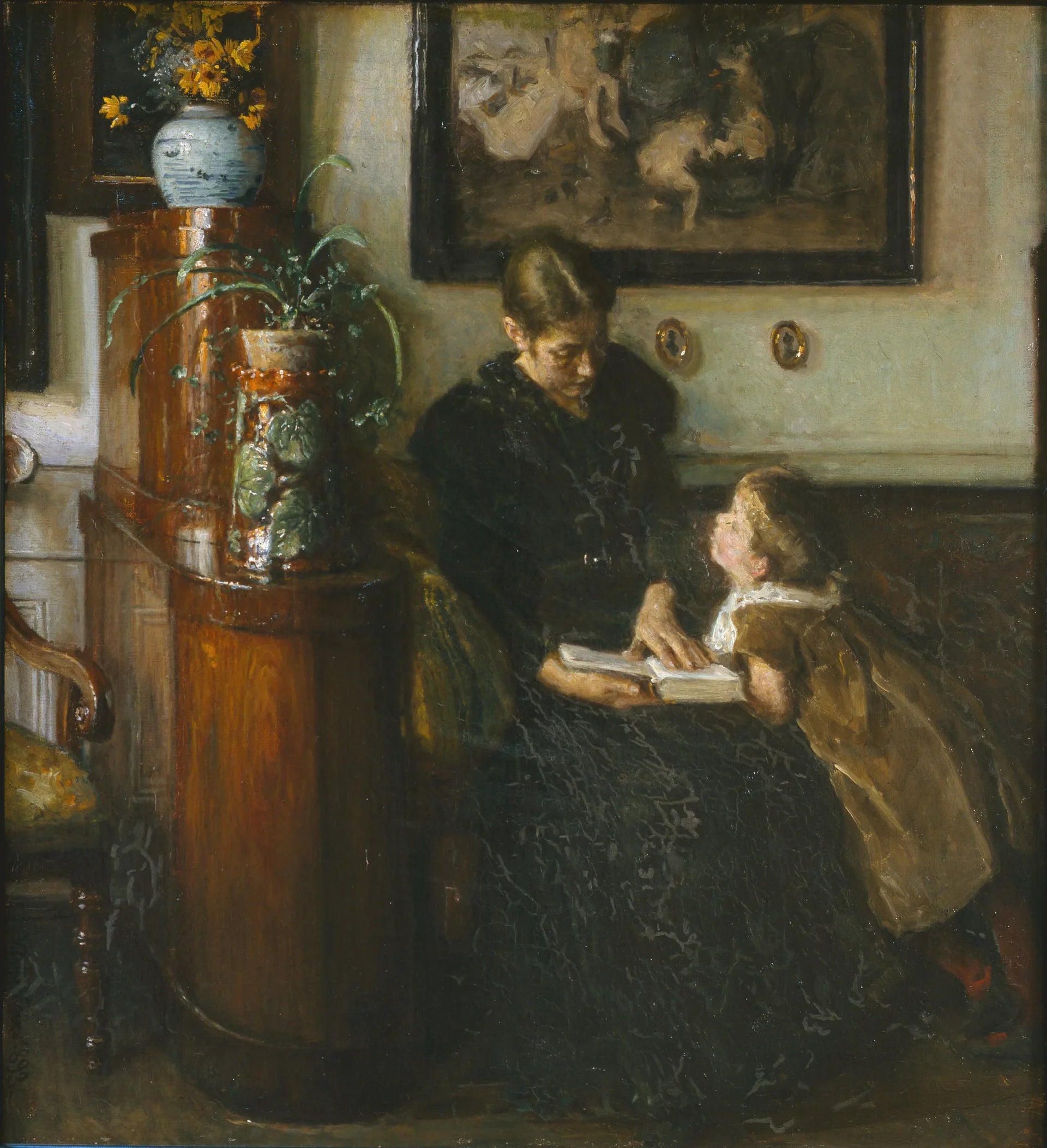 Moder skal læse. Kunstnerens hustru og barn - Viggo Johansen image 1 copie de tableau peinte à la main