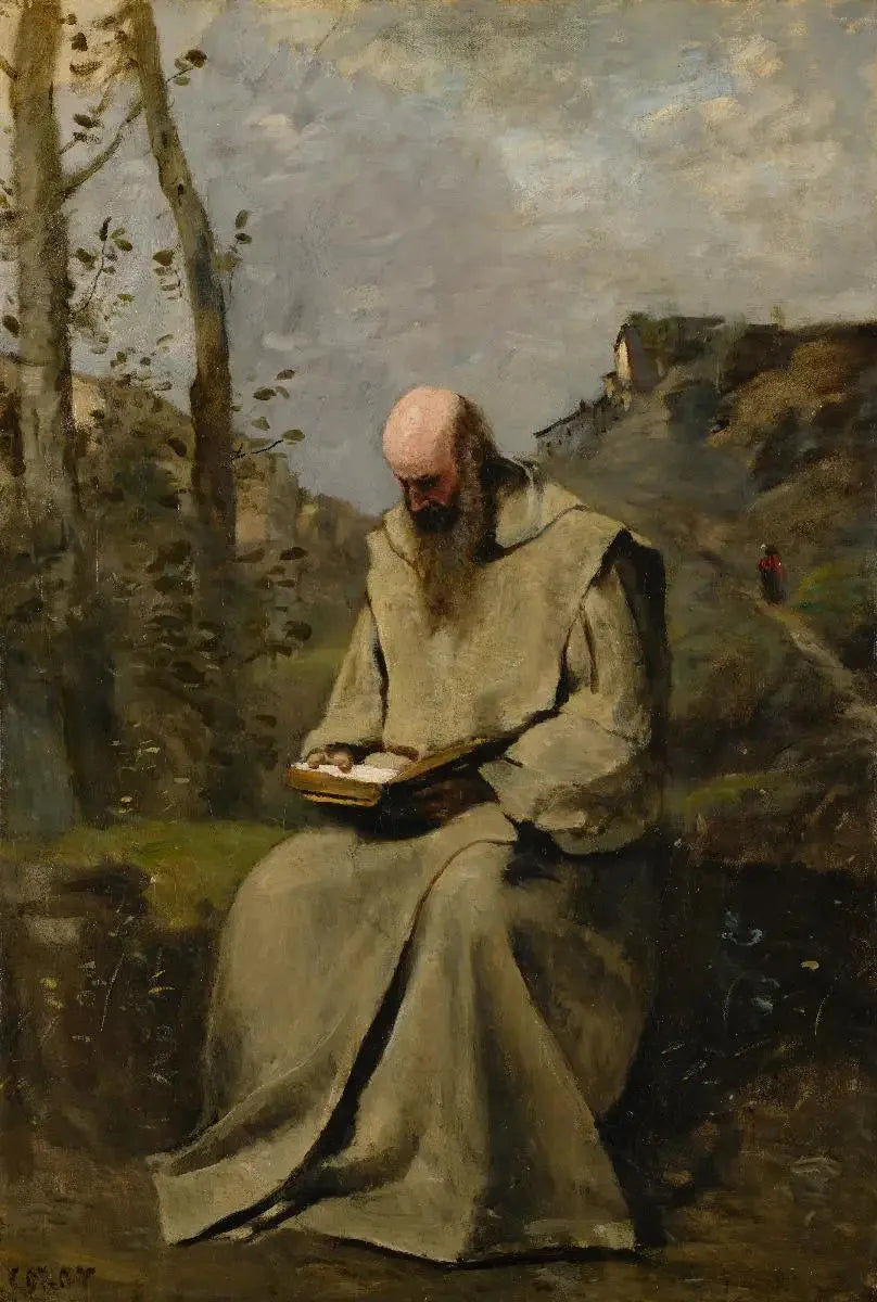 Moine assis, lisant - Jean-Baptiste Camille Corot image 1 copie peinte à la main à l’huile