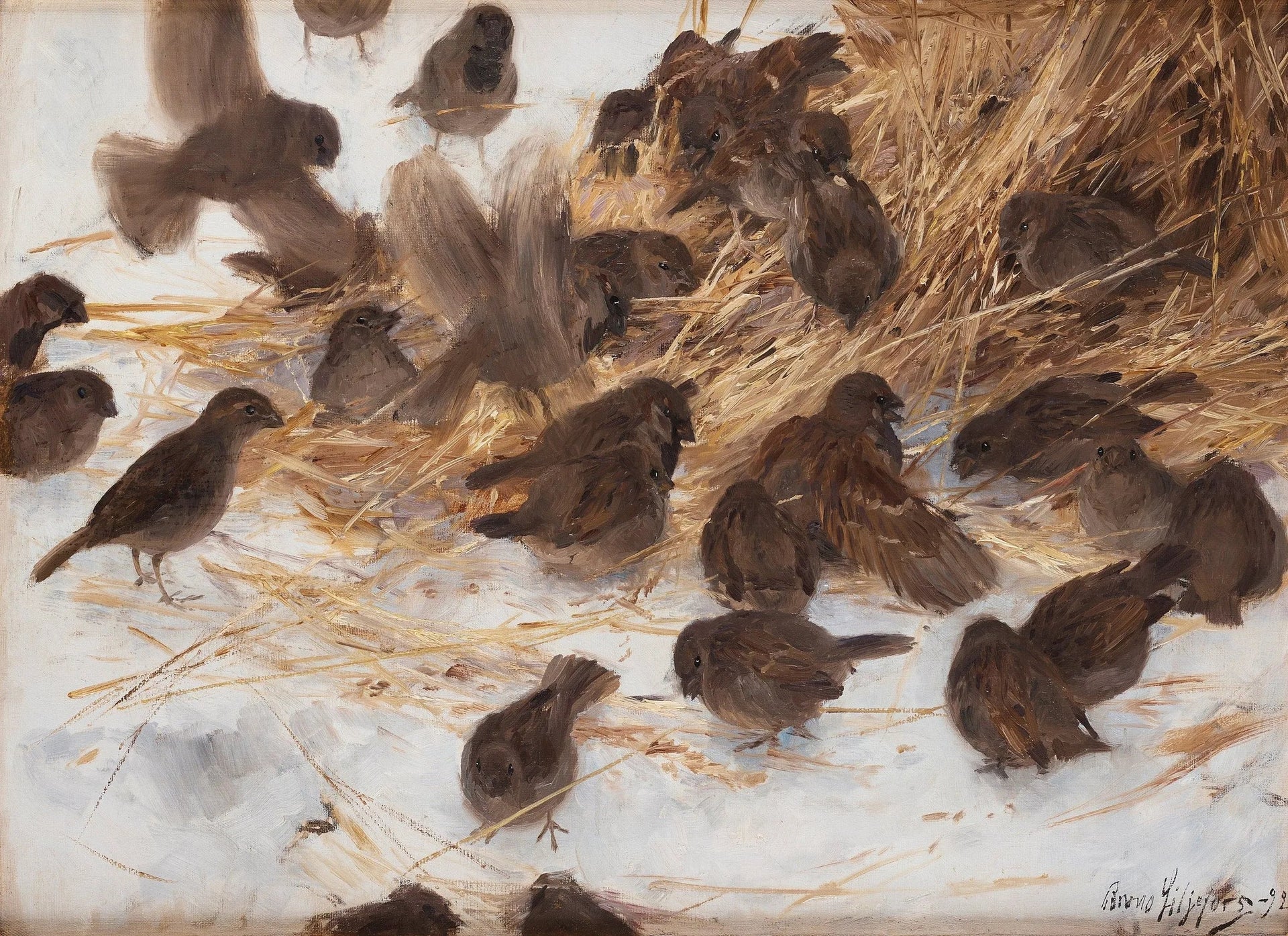 Moineaux sur une gerbe d'avoine - Bruno Liljefors image 1 tableau peint à l’huile sur toile
