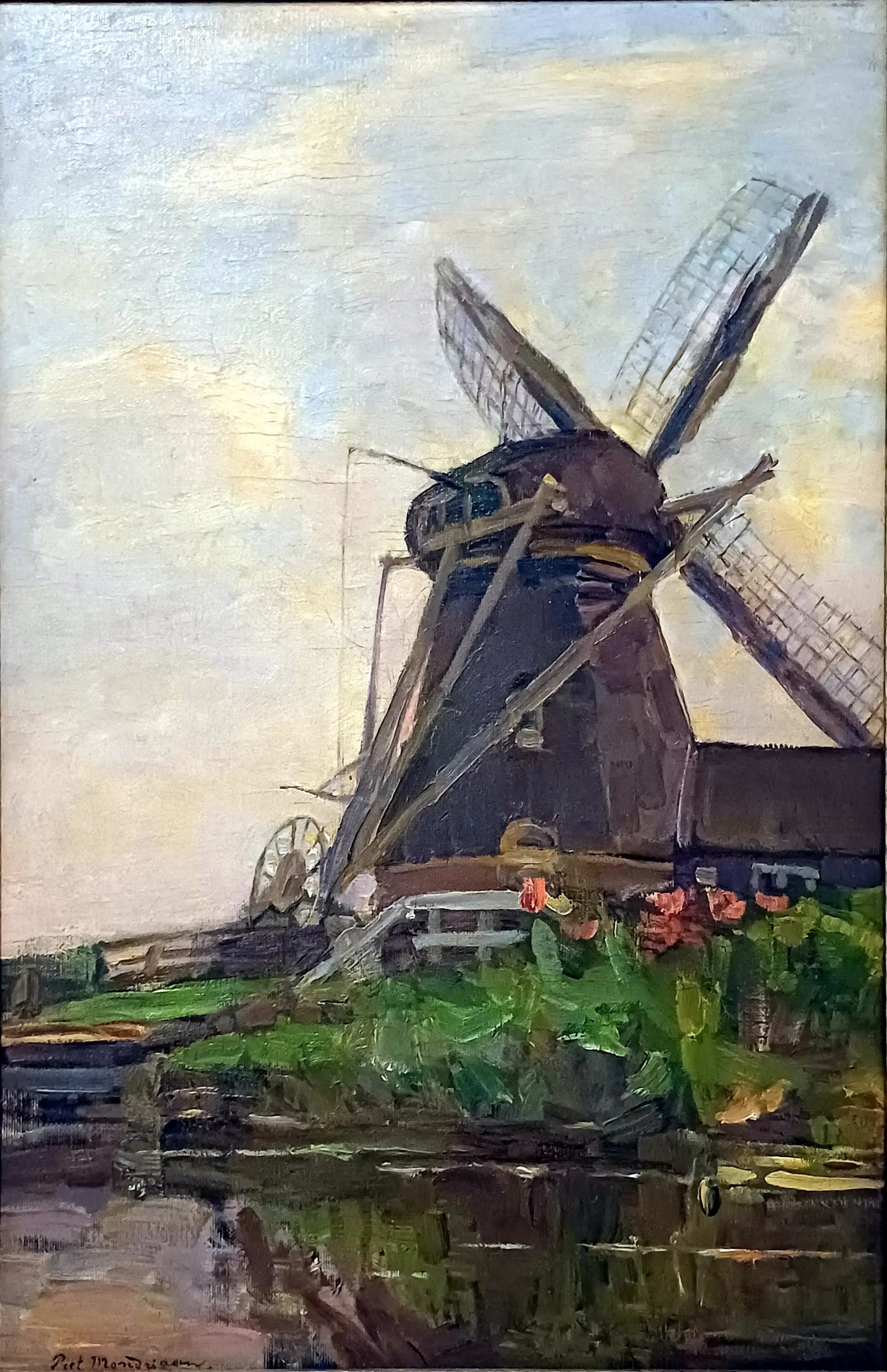 Moulin d'Oostzijdse, esquisse à l'huile verticale avec ciel bleu - Piet Mondrian image 1 tableau peint à l’huile sur toile
