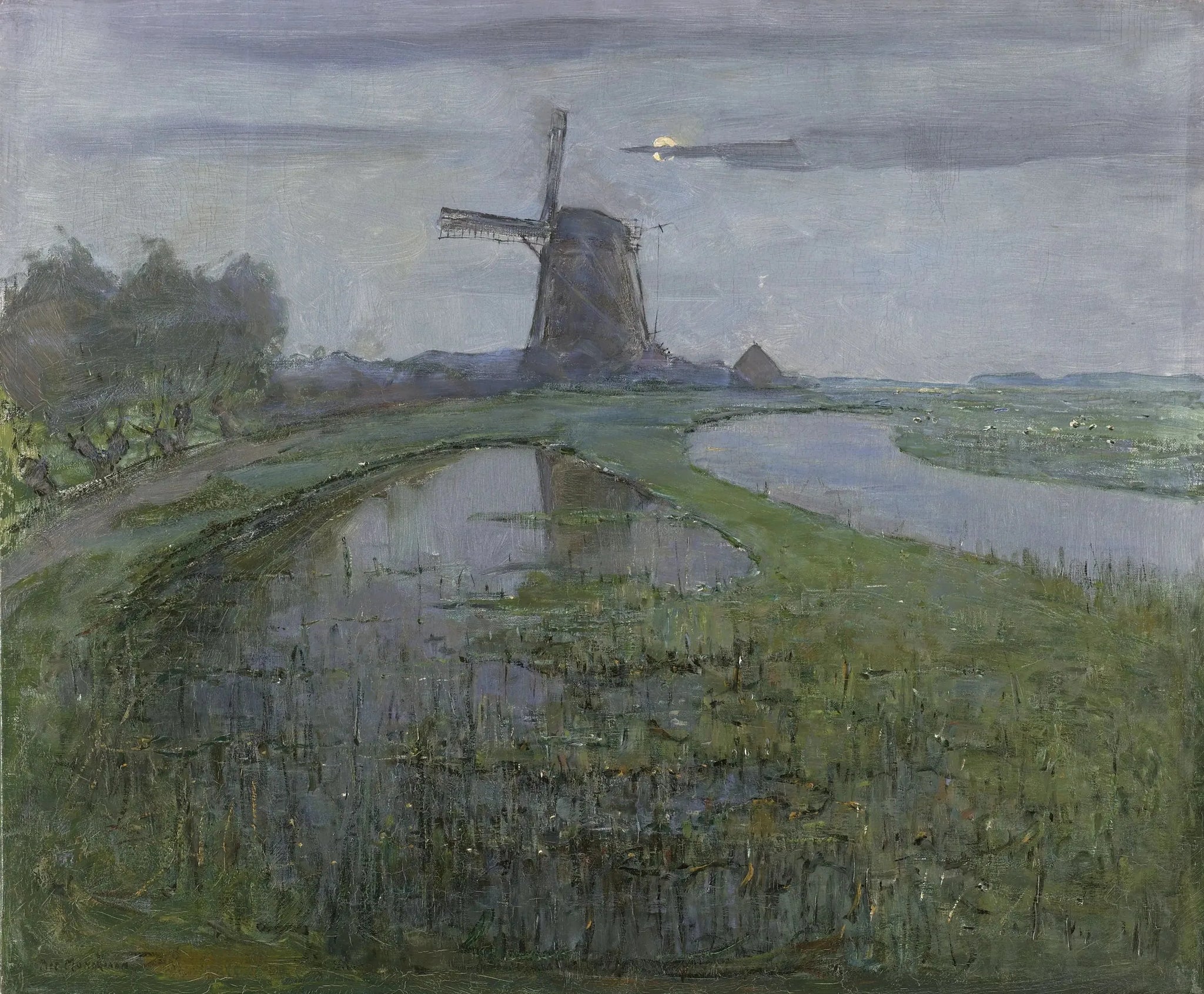 Moulin d'Oostzijdse le long de la rivière Gein au clair de lune - Piet Mondrian image 1 reproduction de peinture à l’huile