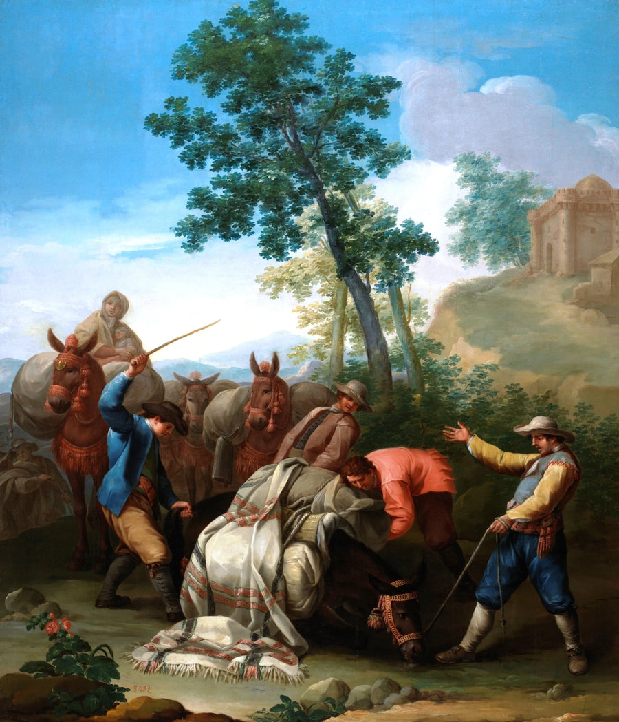 Une mule tombée avec sa charge et quelques muletiers la soulevant - Andrés Ginés de Aguirre