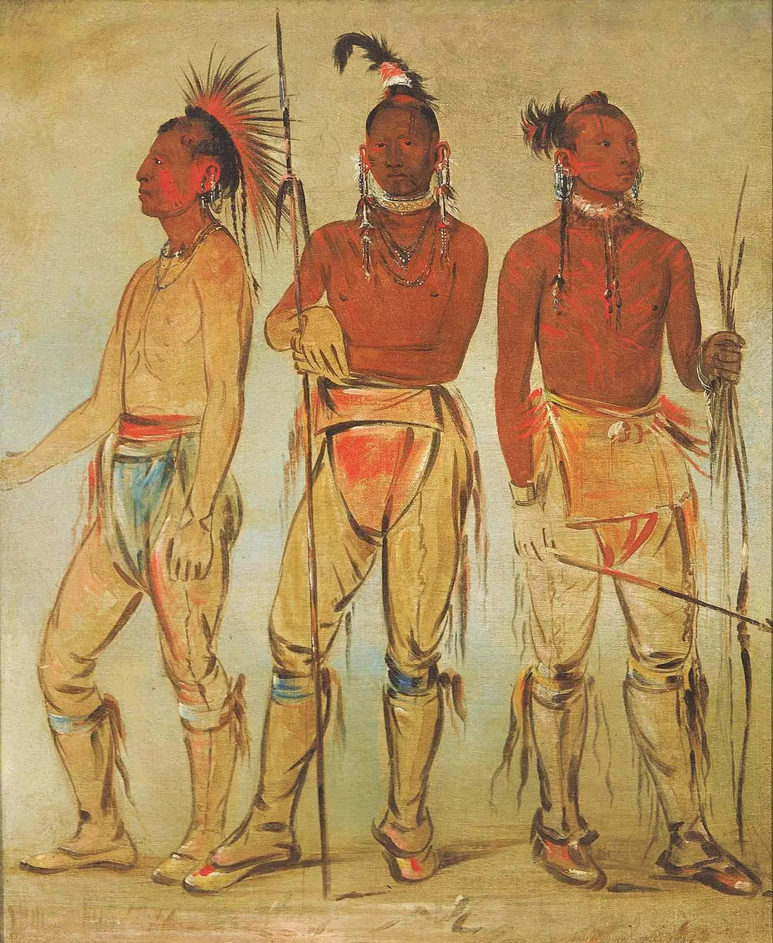 Mun-ne-pús-kee, Celui qui n'a pas peur ; Ko-ha-túnk-a, Grand Corbeau ; et Nah-cóm-ee-shee, L'Homme du Lit, Trois Jeunes Guerriers - George Catlin image 1 copie peinte à la main à l’huile