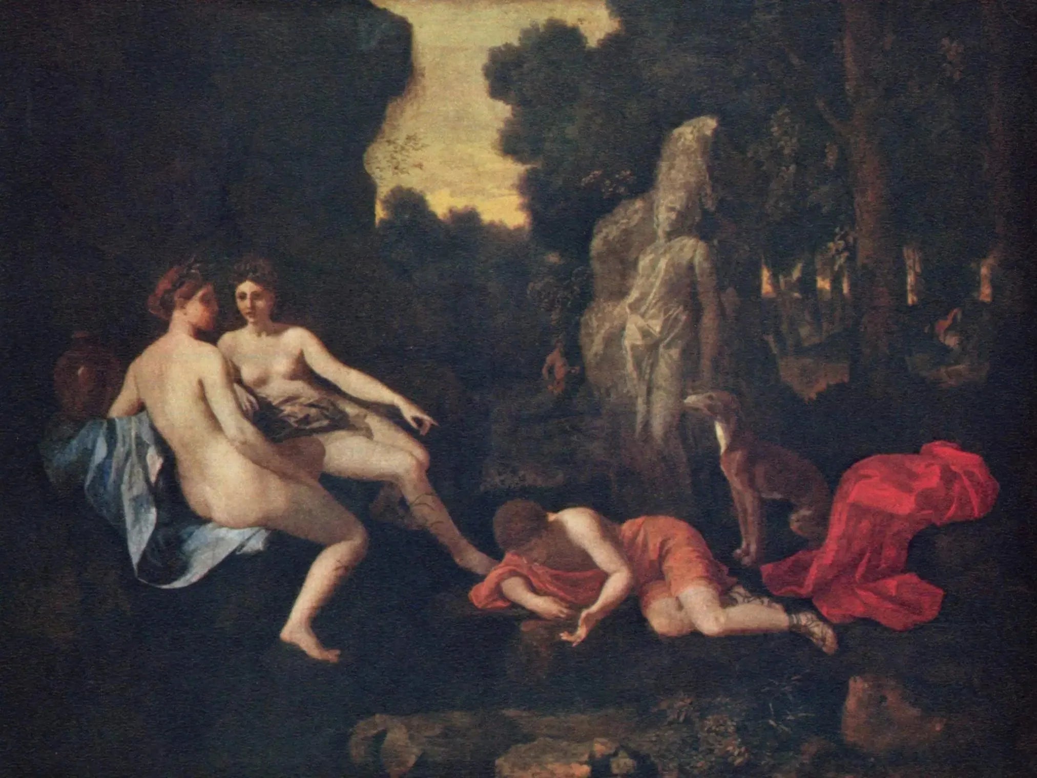 Narcisse avec deux nymphes et Écho - Nicolas Poussin image 1 copie peinte à la main à l’huile