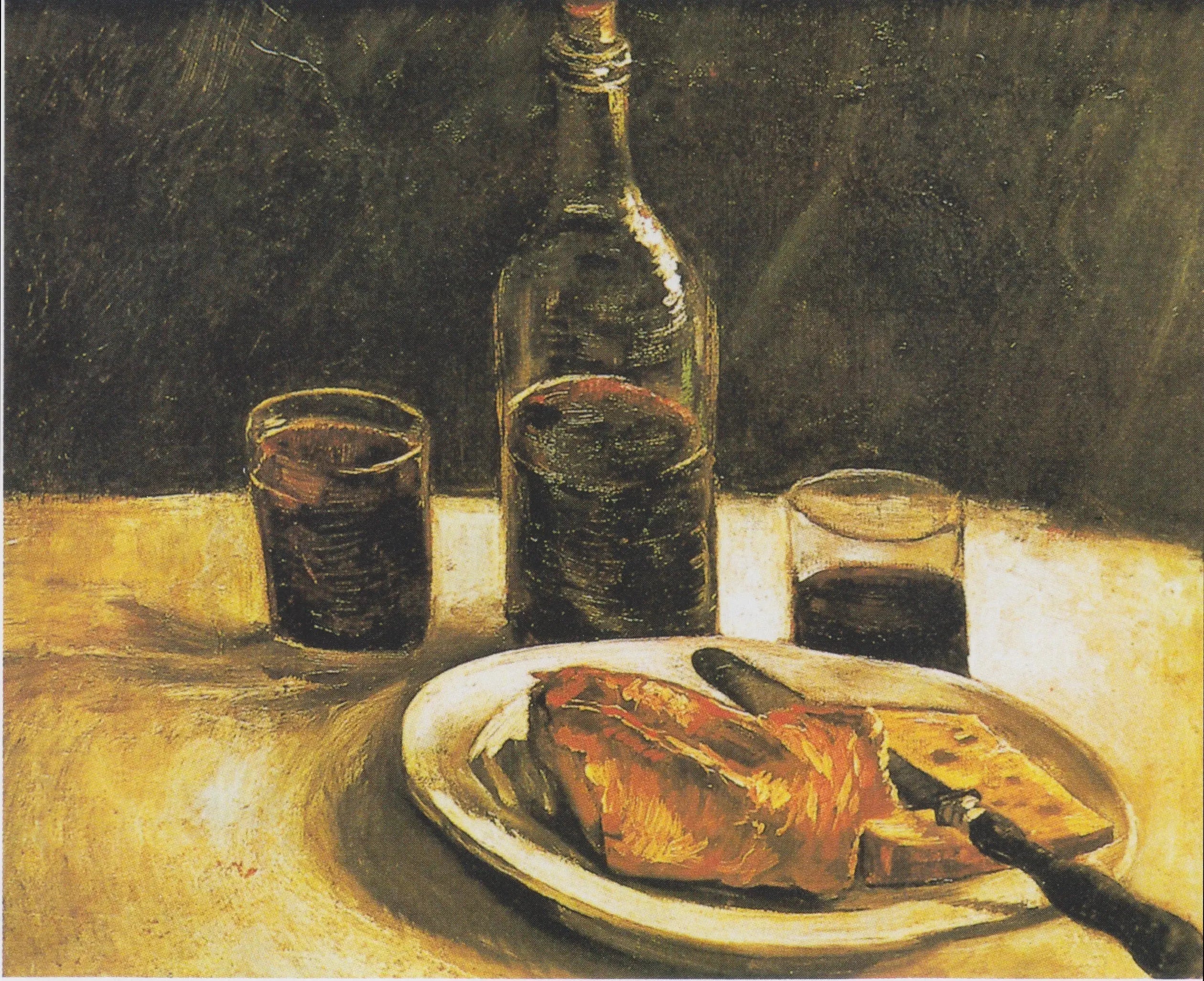 Nature morte à la bouteille, deux verres, du fromage et du pain - Vincent van Gogh image 1 tableau peint à l’huile sur toile
