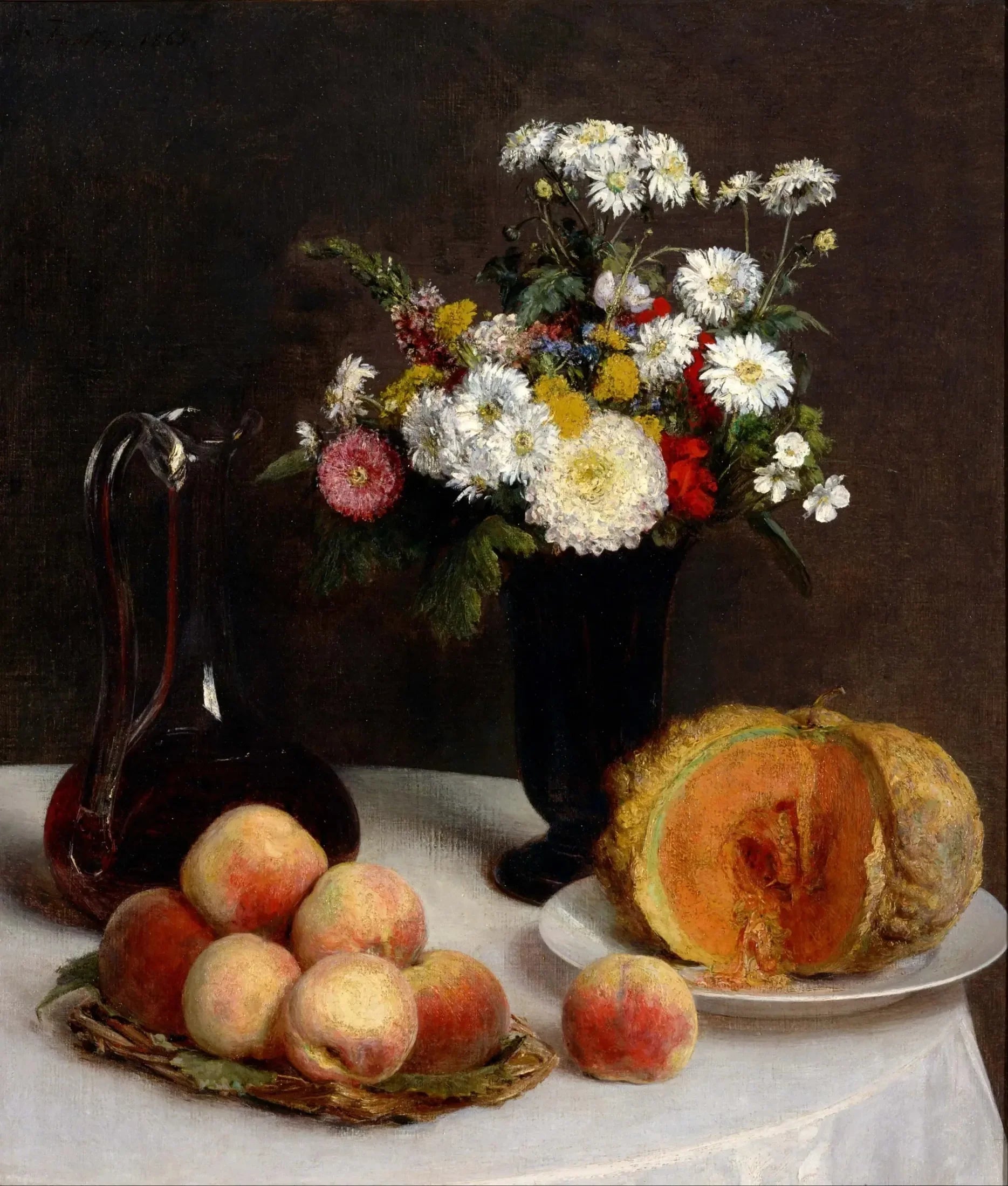 Nature morte à la carafe, aux fleurs et aux fruits - Henri Fantin-Latour image 1 reproduction de peinture à l’huile