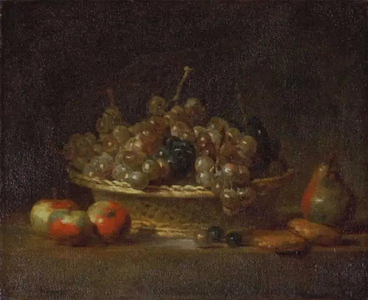 Nature morte à la corbeille de raisins secs, avec trois pommes, une poire et deux massepains - Jean Siméon Chardin image 1 reproduction artisanale de tableau