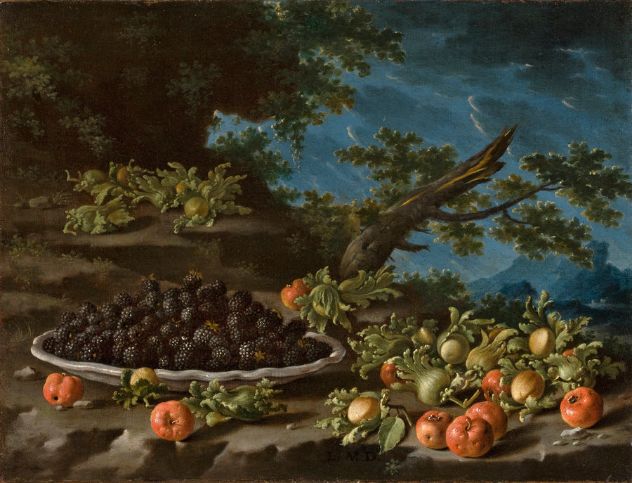 Nature morte à l'assiette de mûres Antilles, cerises et noisettes dans un paysage - Luis Eugenio Meléndez