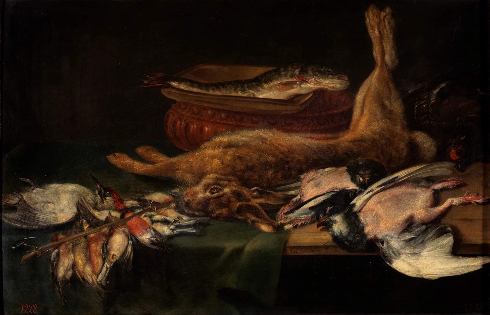 Nature morte au lièvre, oiseaux et poissons morts - Alexandre Adriaenssen