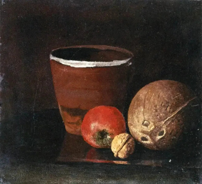 Nature morte au pot, à la pomme, à la noix et à la noix de coco - Edvard Munch image 1 copie peinte à la main à l’huile