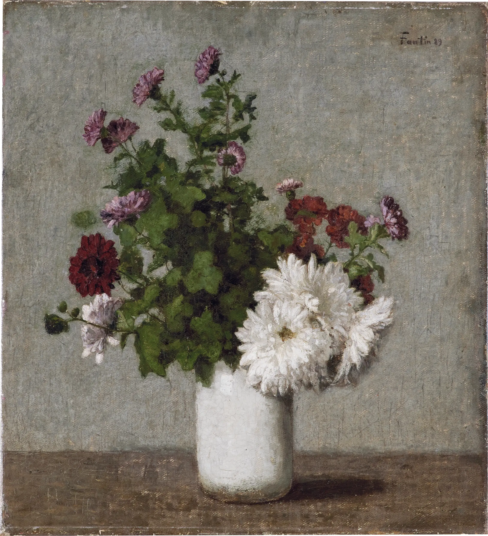 Nature morte aux fleurs : chrysanthèmes d'automne dans un vase blanc - Henri Fantin-Latour image 1 copie peinte à la main à l’huile