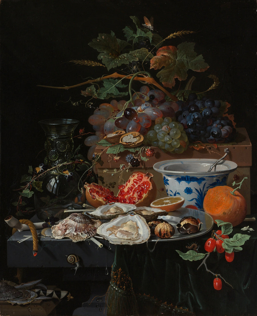 Nature morte aux fruits, huîtres et bol en porcelaine - Abraham Mignon