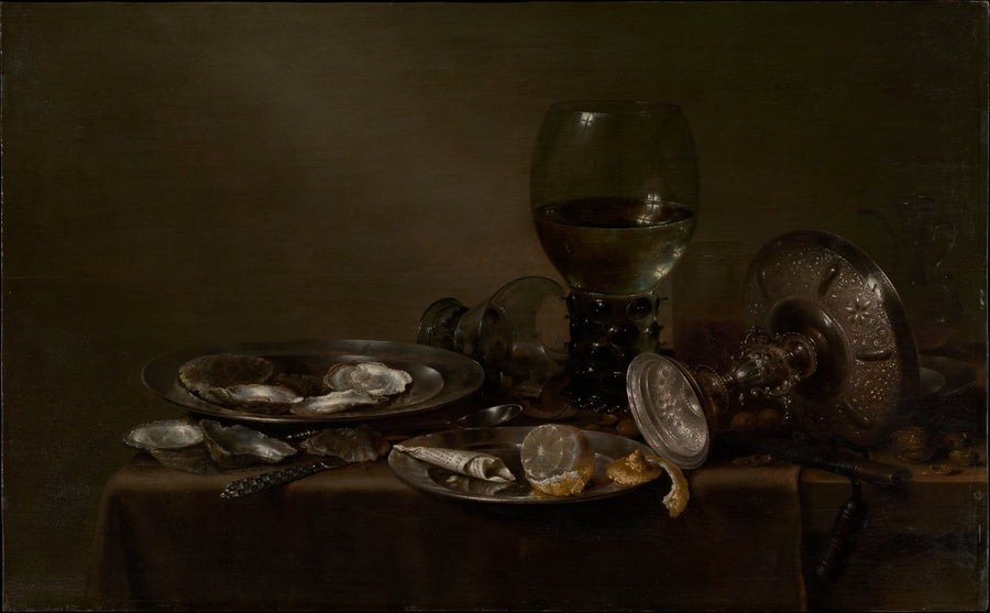 Nature morte aux huîtres, une tazza en argent et de la verrerie - Willem Claesz Heda