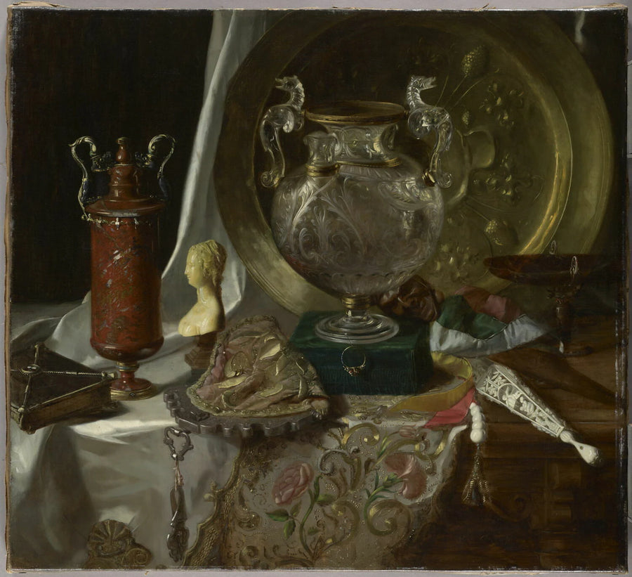Nature morte aux objets d’art du Louvre et du musée des Souverains : cristal de roche, agate de Benvenuto, marotte, livre d’heures de Marie Stuart, dizain de Louis XVI, éventail de Marie-Antoinette. - Blaise Alexandre Desgoffe