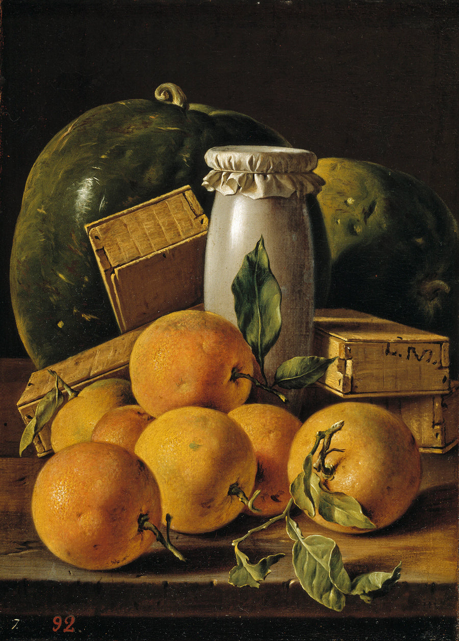 Nature morte aux oranges Boîtes en pot de miel de friandises et de pastèques - Luis Eugenio Meléndez