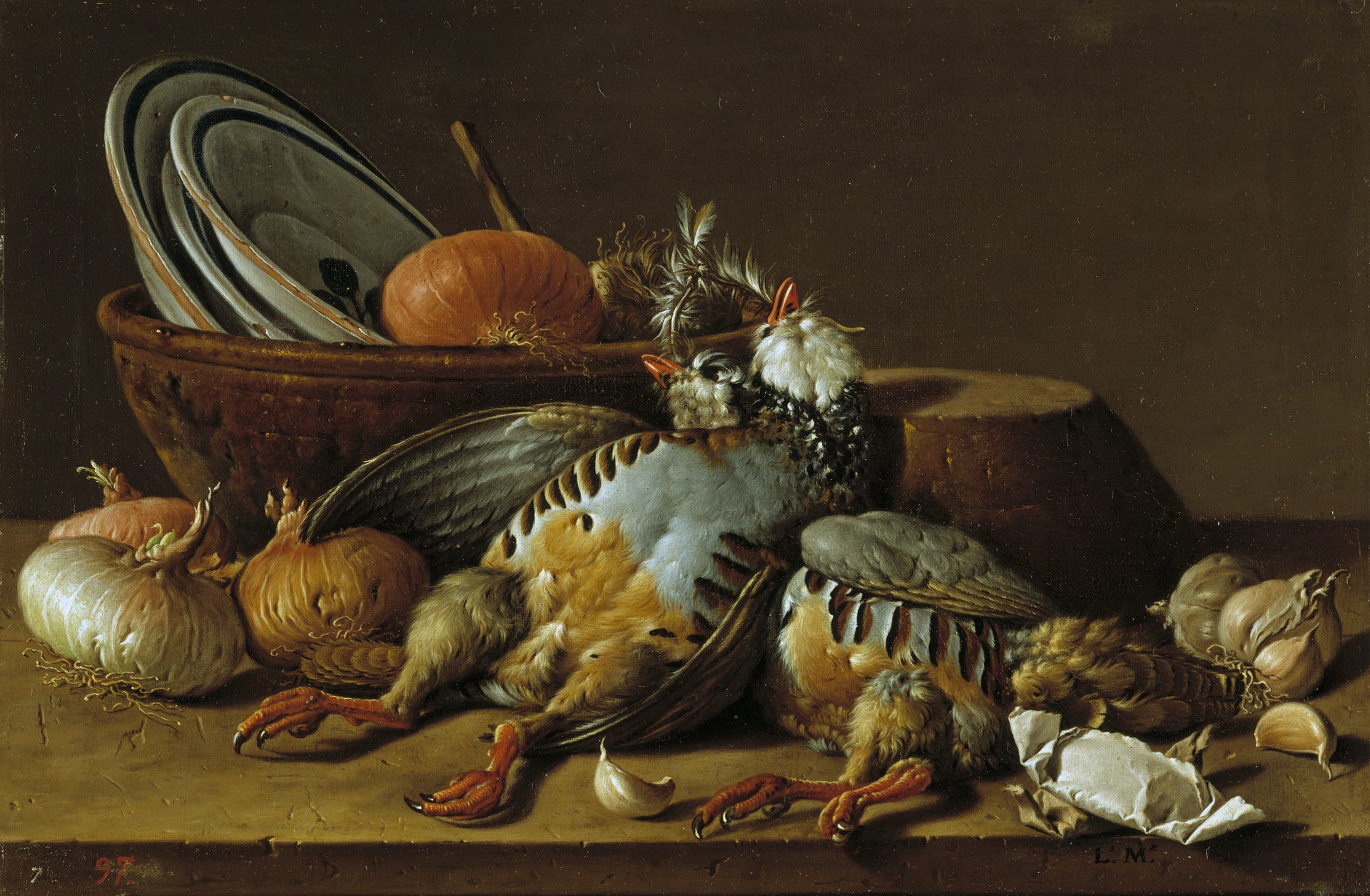 Nature morte aux perdrix, aux oignons, à l'ail avec vaisselle - Luis Eugenio Meléndez