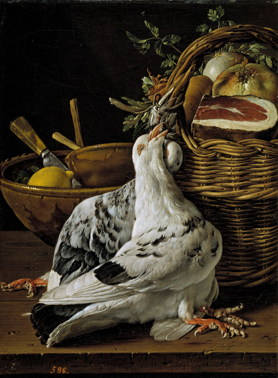 Nature morte aux pigeons, panier de nourriture et bols - Luis Eugenio Meléndez