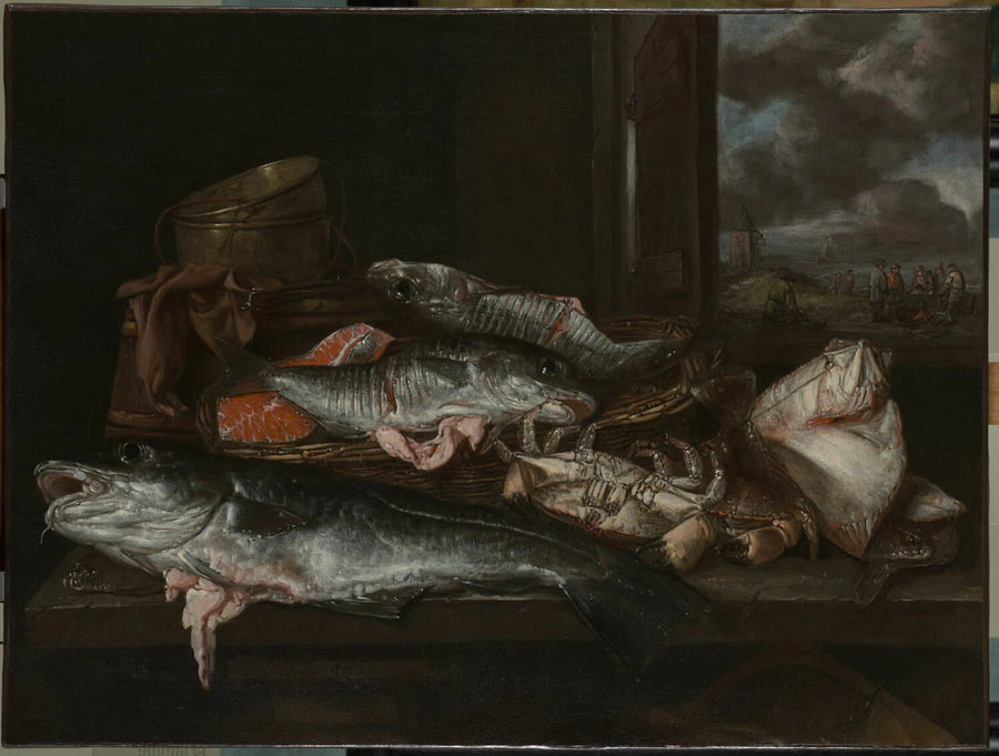 Nature morte aux poissons, avec bord de mer et pêcheurs à l'arrière-plan - Abraham Hendricksz. van Beyeren