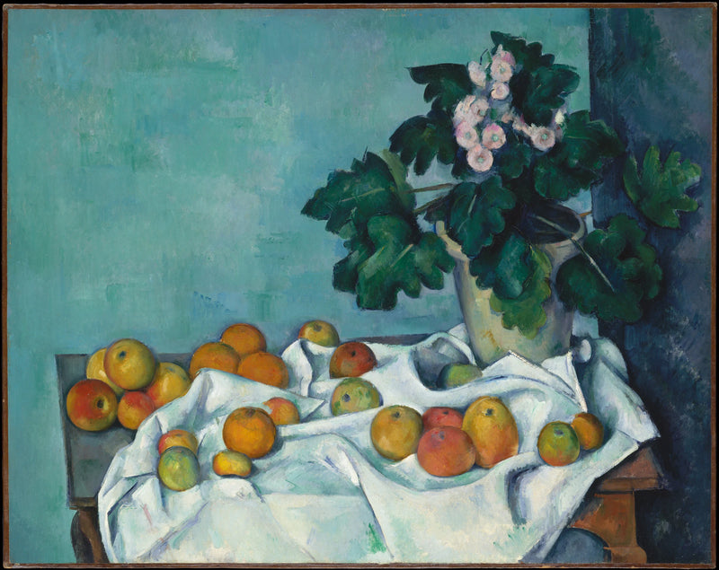 Nature morte aux pommes et pot de primevères - Paul Cézanne