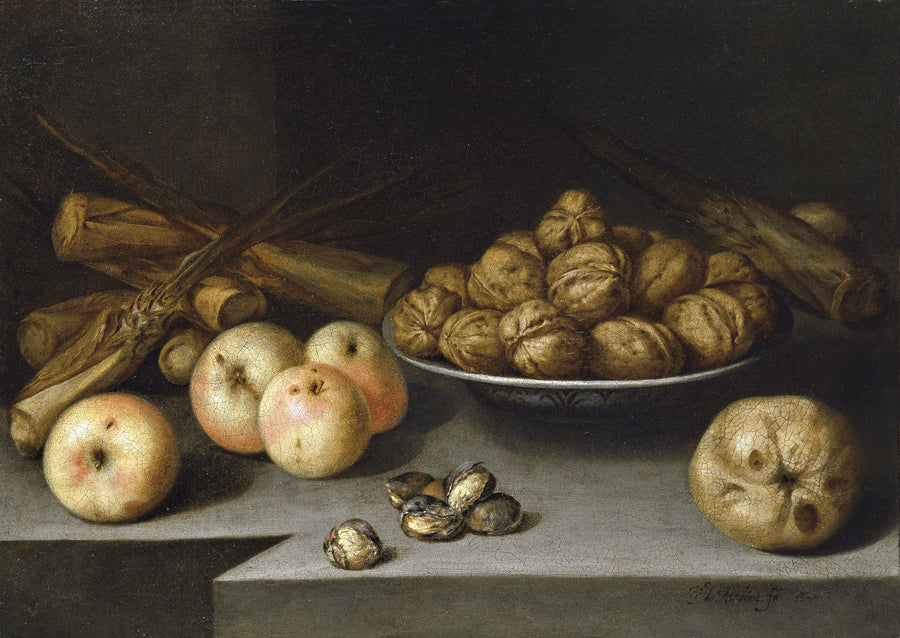 Nature morte aux pommes, noix et canne à sucre - Pedro de Medina Valbuena