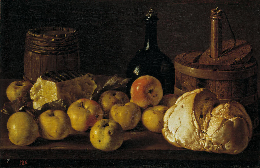 Nature morte aux pommes, pain, fromage et récipients - Luis Eugenio Meléndez