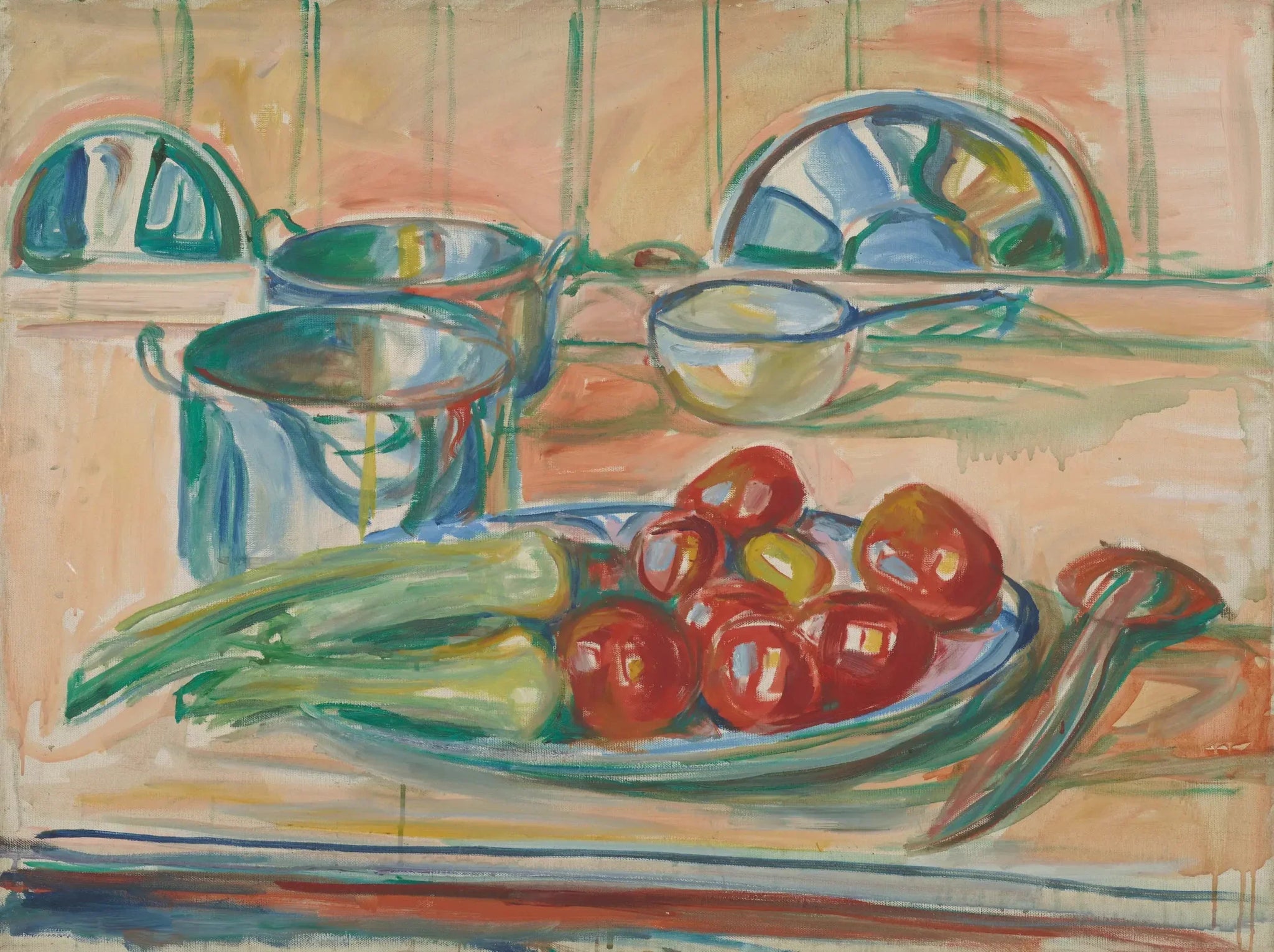 Nature morte aux tomates, poireaux et cocottes - Edvard Munch image 1 copie peinte à la main à l’huile